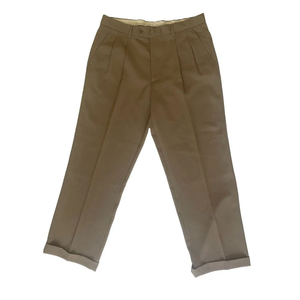 Vittorio St Angelo Mens Dress Pants 38L Pleated Cuffed Khaki Tan Italian Slacks